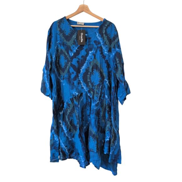 Ornella Paris 100% Pure Linen Dress Medium Blue Made in Italy Artsy Art to Wear - Picture 1 of 9